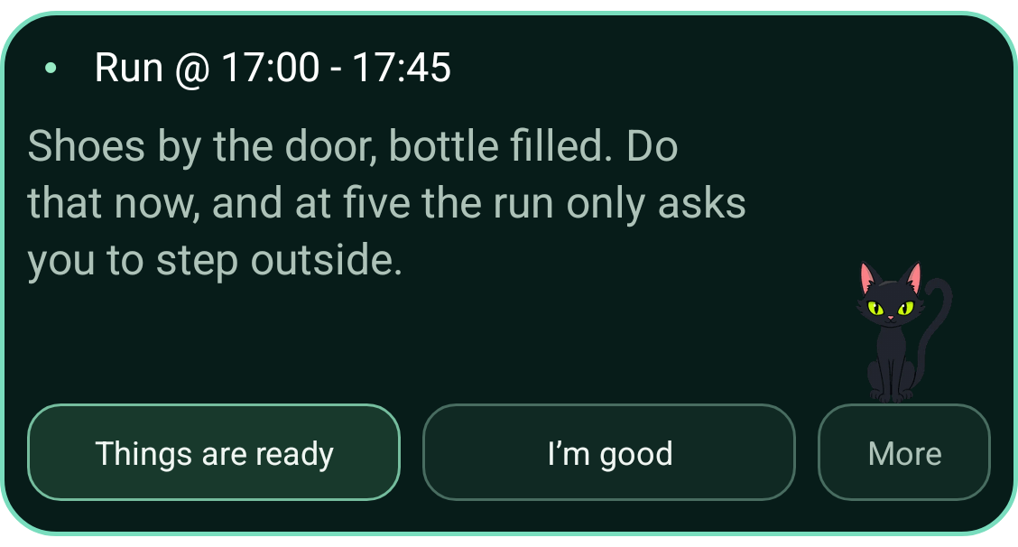 The Grip widget before a run: get your shoes by the door and fill the bottle now, so at five you only have to step outside
