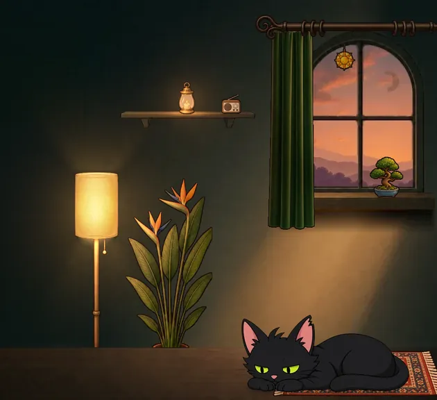 The coach resting on a rug under a lit floor lamp in the evening