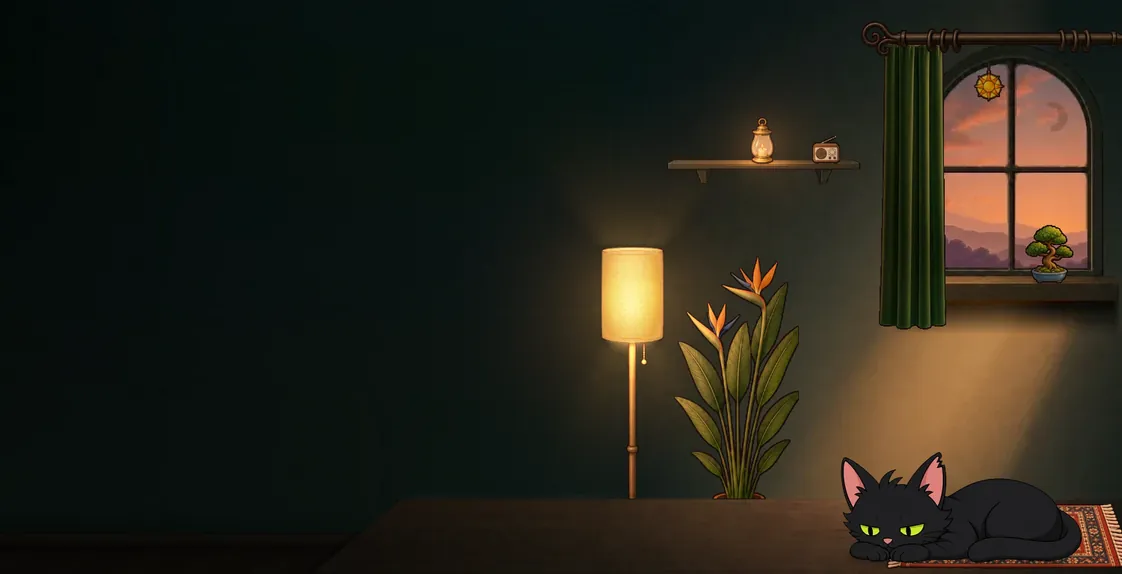 A furnished coach room on the Grip widget in the evening, with a floor lamp, plant, rug and shelf